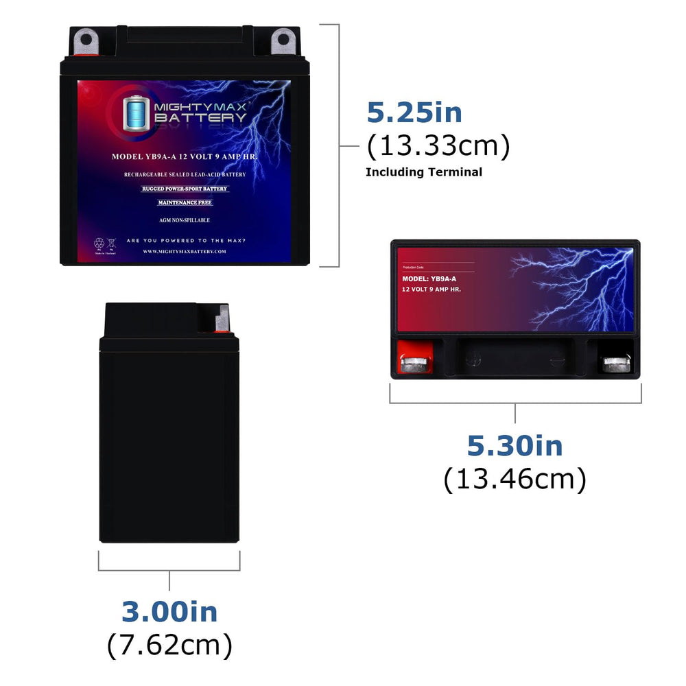 Mighty Max Battery YB9A-A label clearly displays model and key specs.