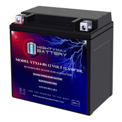 Mighty Max Battery YTX14-BS replacement, front view, for reliable starts on Honda FourTrax 300