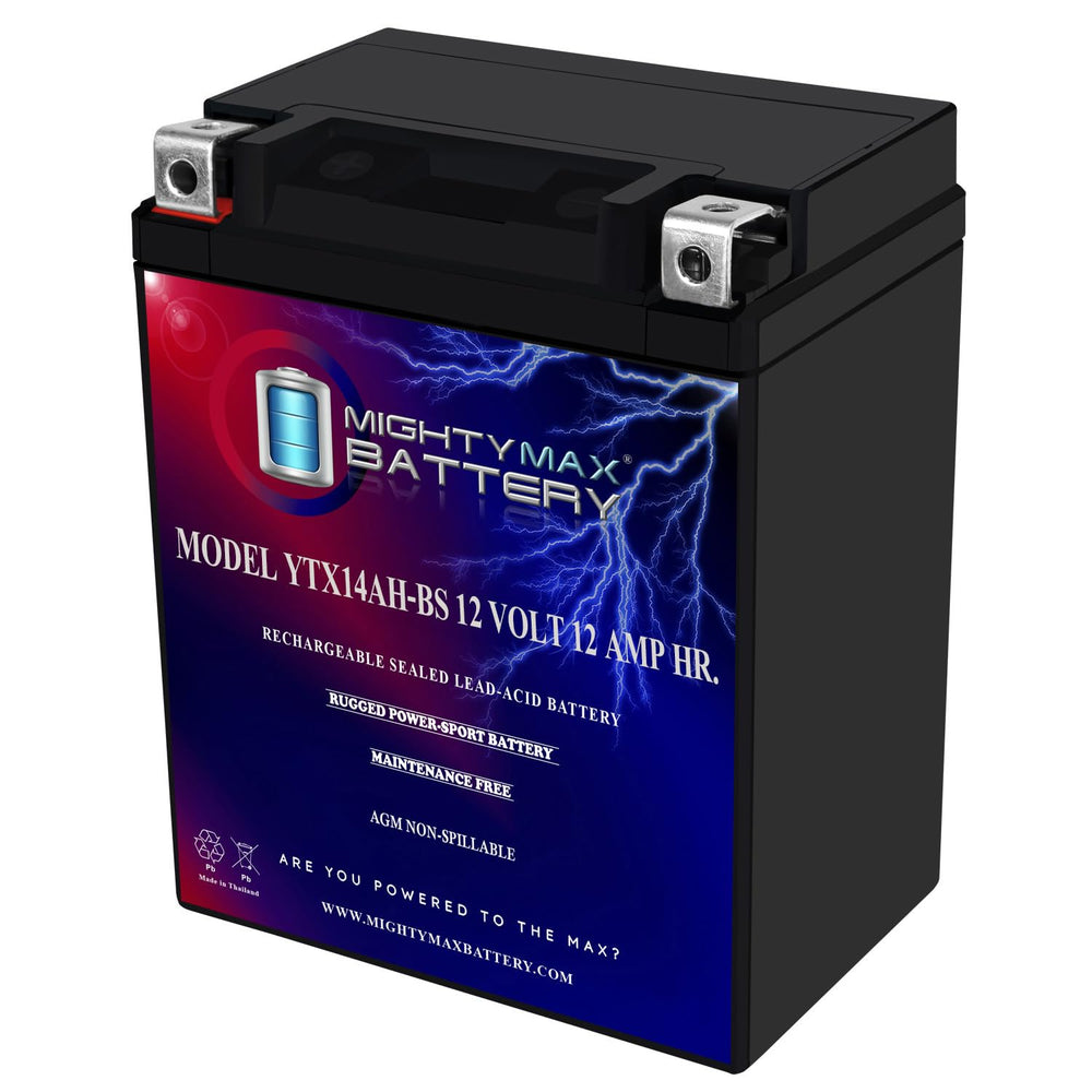 Mighty Max Battery YTX14AH front view shows compact 12V power for Kawasaki Bayou