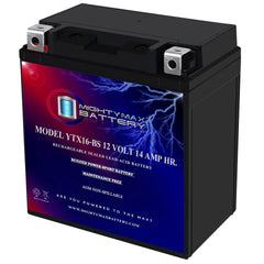 Mighty Max Battery YTX16-BS front view showing compact 12V design for motorcycles