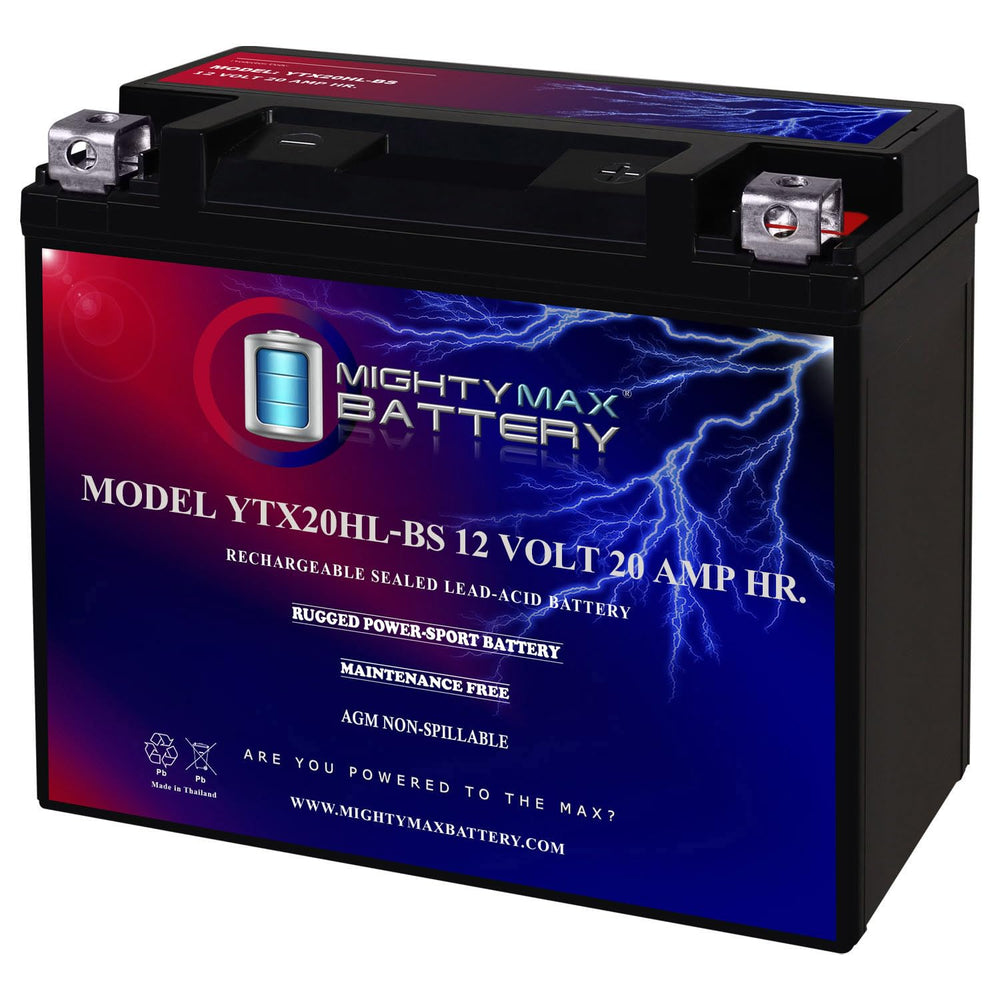 Mighty Max Battery YTX20HL-BS front view highlights compact size for easy motorcycle installation.