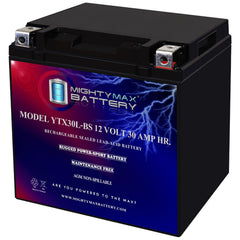 Mighty Max Battery YTX30L-BS front view, compact maintenance-free power source.