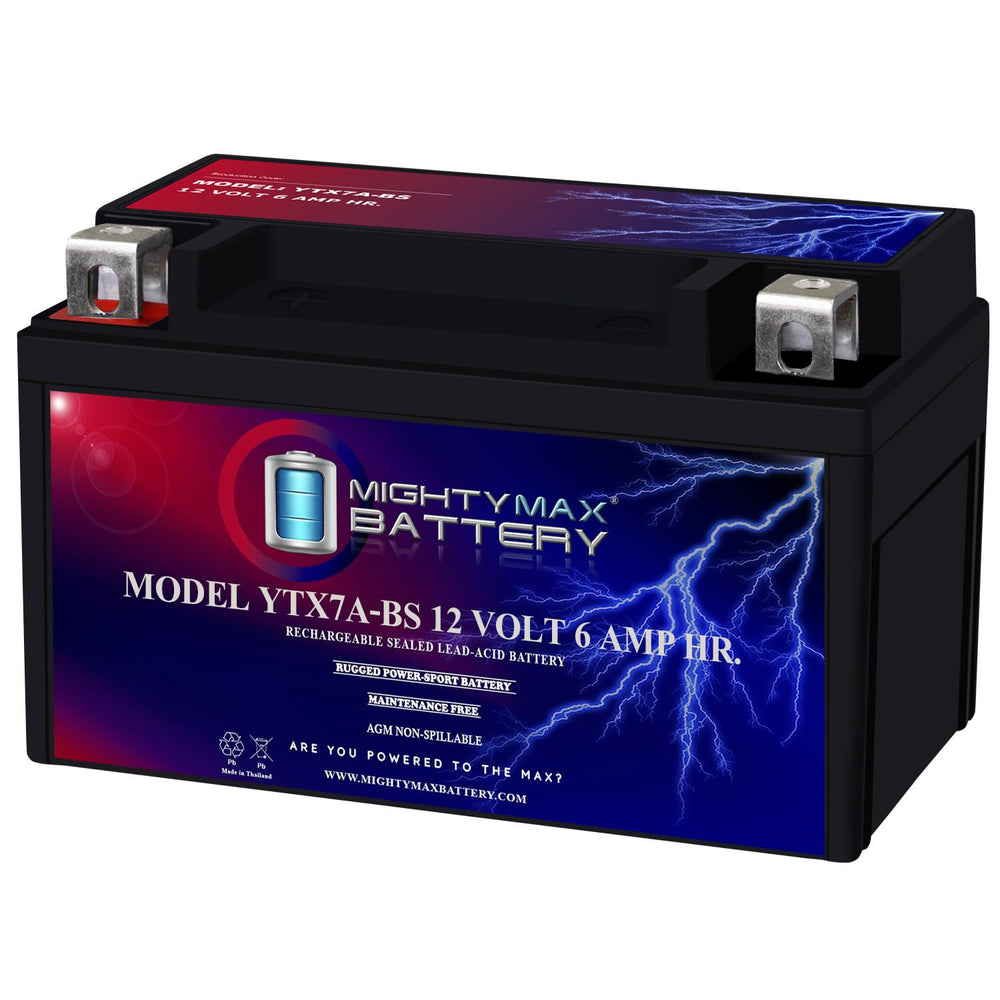 Mighty Max Battery YTX7A-BS front view shows 12V 6Ah capacity for motorcycles.