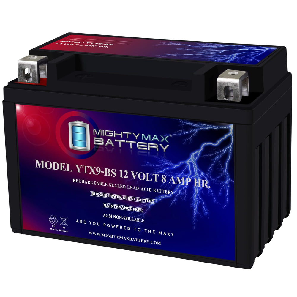 Mighty Max YTX9-BS front view shows compact, spill-proof power for Honda ATVs.