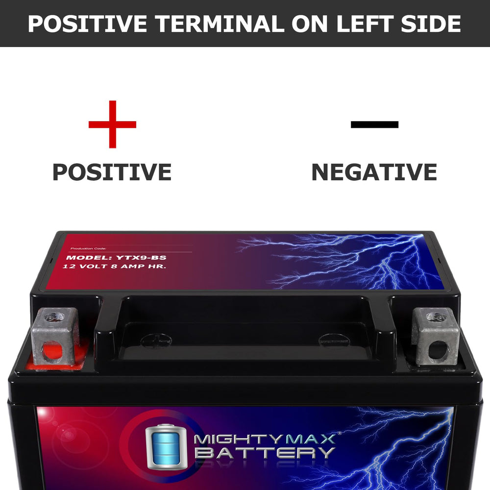 Mighty Max Battery YTX9-BS top view emphasizes sealed SLA design.