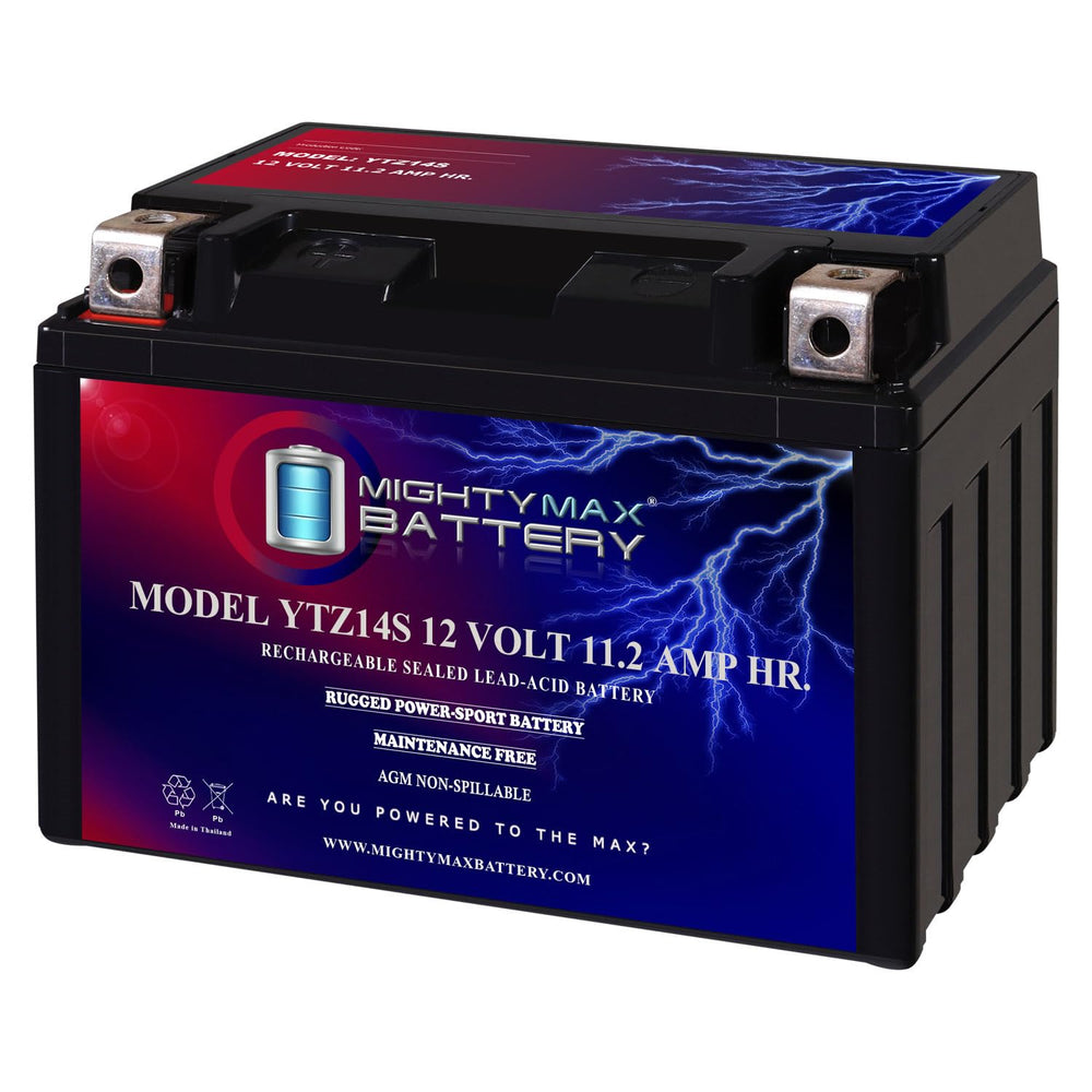 Mighty Max Battery YTZ14S front view for reliable motorcycle starts and compact fit