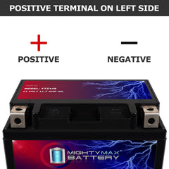 Mighty Max Battery YTZ14S top label view highlighting 12V 11.2Ah capacity and CCA