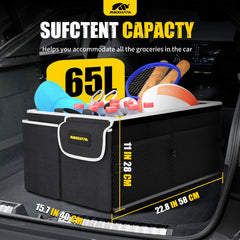MIKKUPPA trunk organizer unfolded demonstrates generous 65L capacity for groceries.