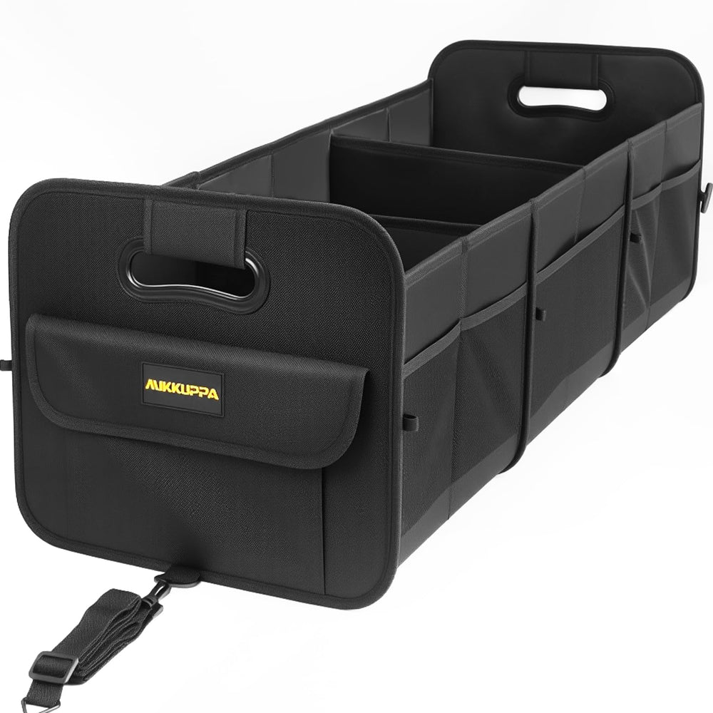 MIKKUPPA trunk organizer fully unfolded showing 105L capacity for groceries and gear
