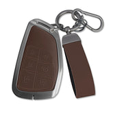 MILD EAST Chevy key fob cover close-up shows brown PU leather and 6-button layout for premium feel.