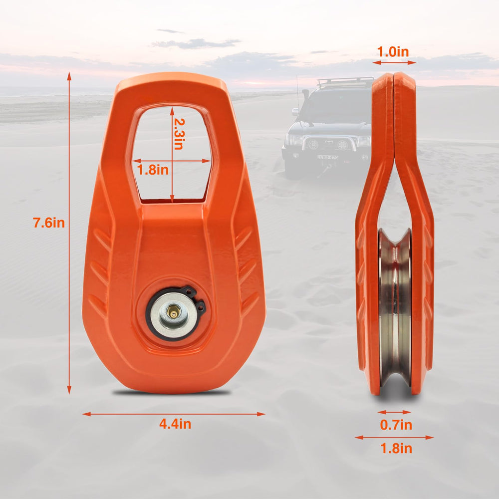 MILINI Snatch Block two-ring design enables angled pulls.