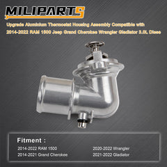 MILIPARTS aluminum thermostat housing close-up shows precise machining for OEM-like fit.