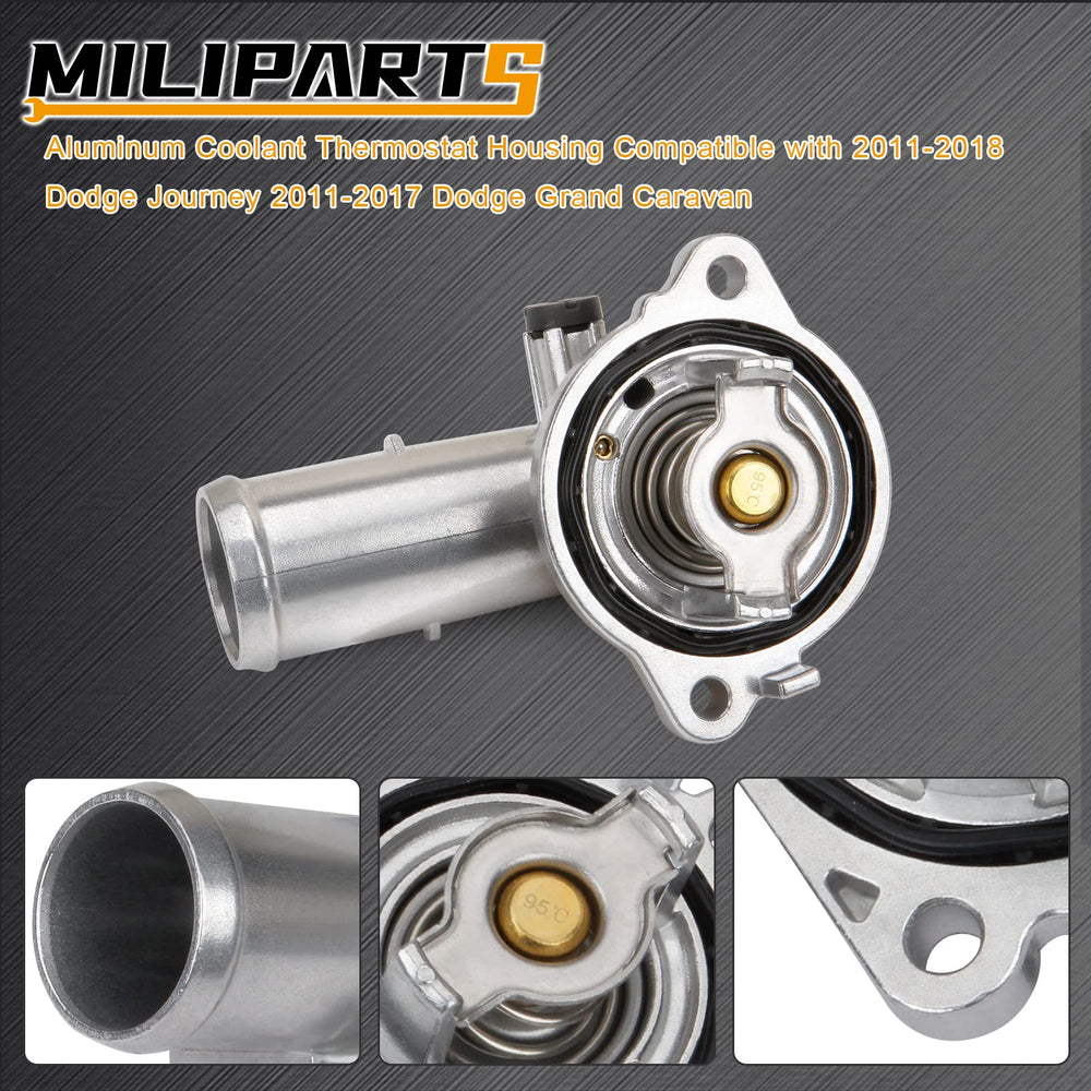 MILIPARTS aluminum thermostat housing closeup showing sturdy construction and precise fit