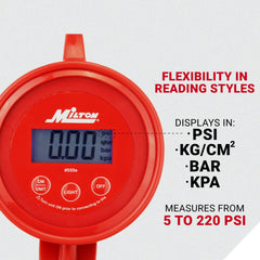 Milton 555e in use on a car tire for on-the-go inflation.
