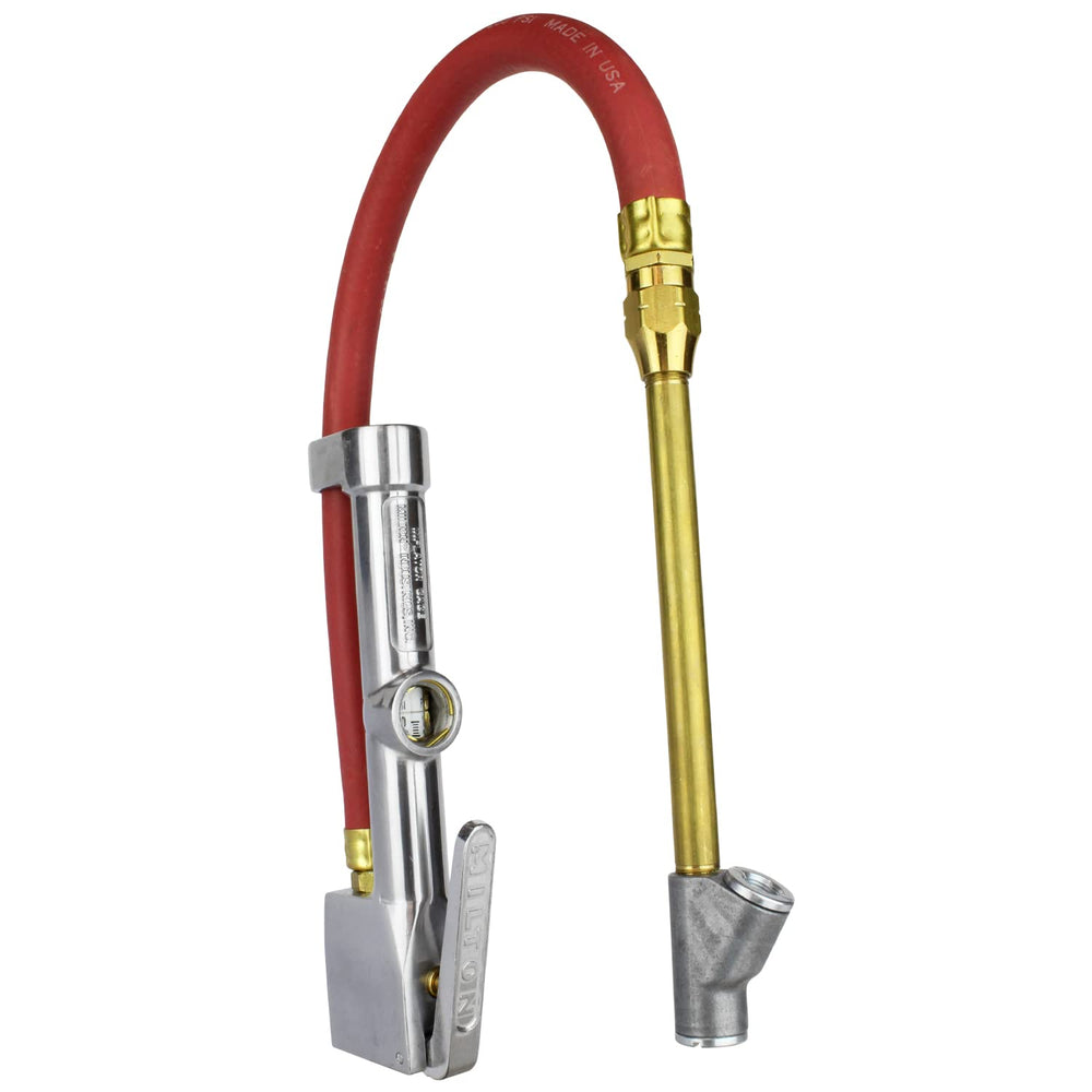 Milton tire inflator dual-head gauge with straight-foot chuck for easy inflation.