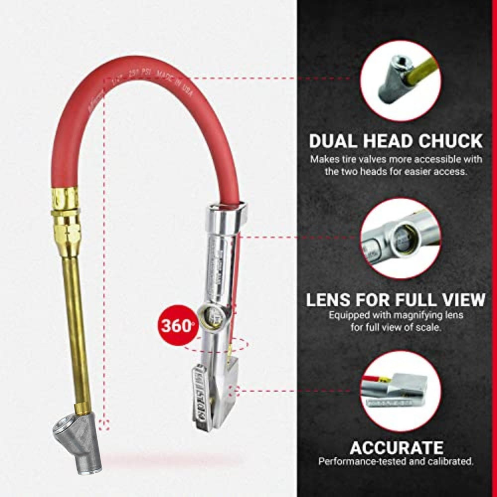 Full-swivel chuck eases tire valve access.