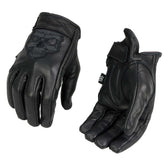 Milwaukee Leather glove front view with reflective skull for visibility on rides.