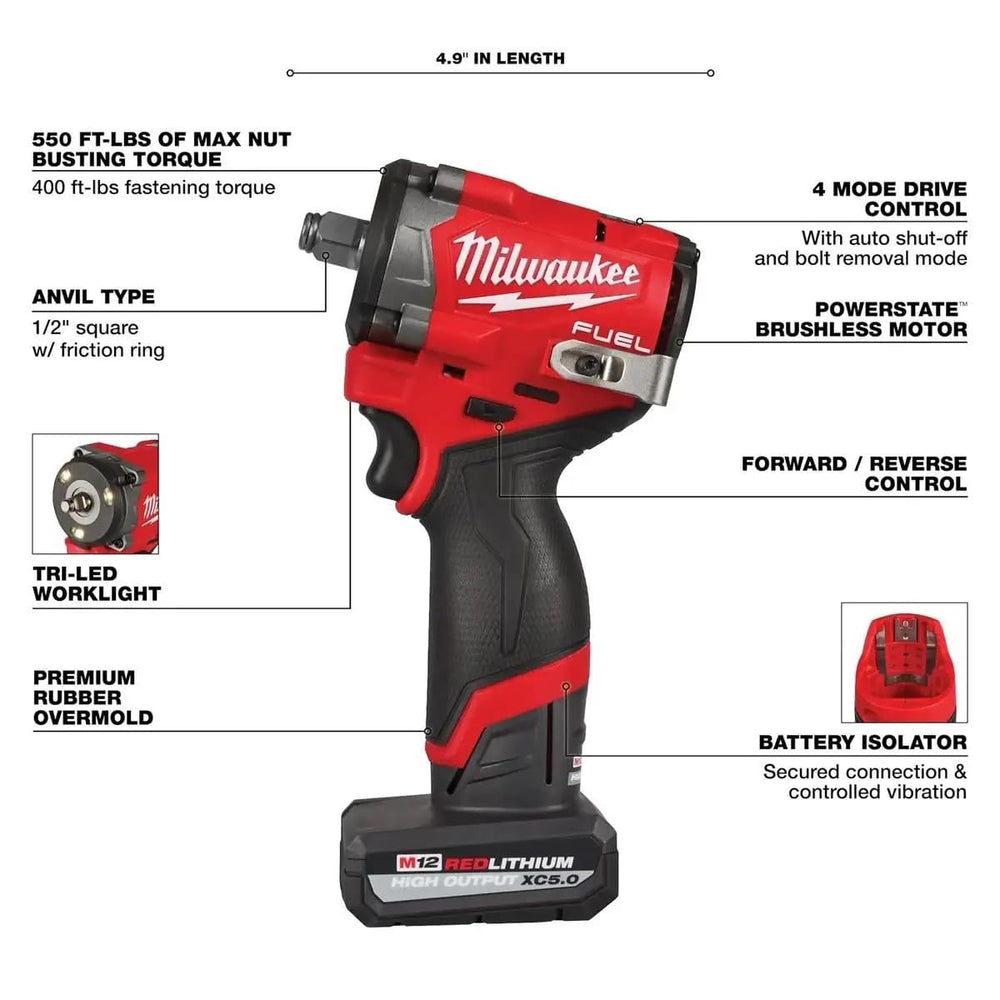 Milwaukee M12 FUEL Stubby kit with dual batteries and charger