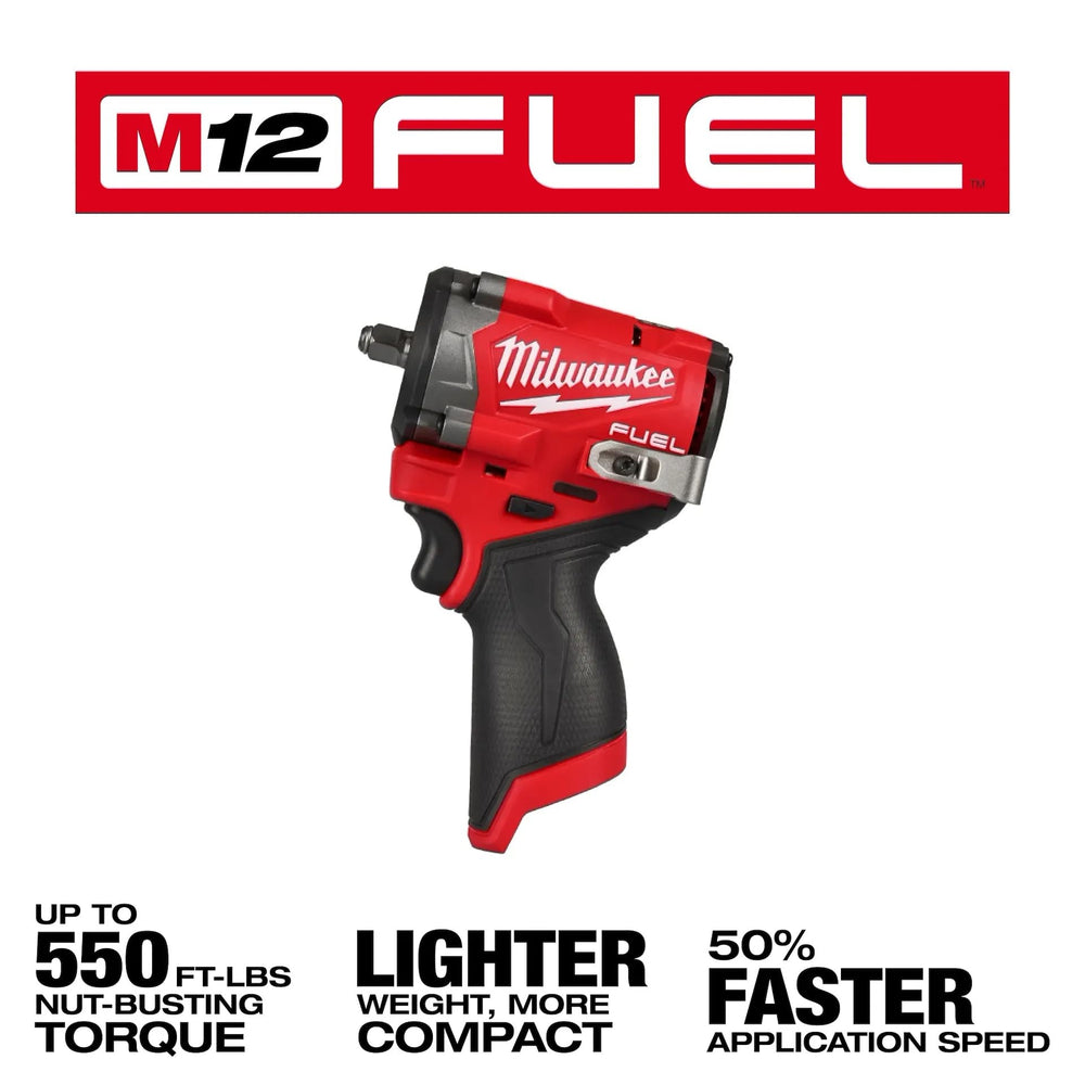 Milwaukee M12 FUEL Stubby compact design shown in workshop