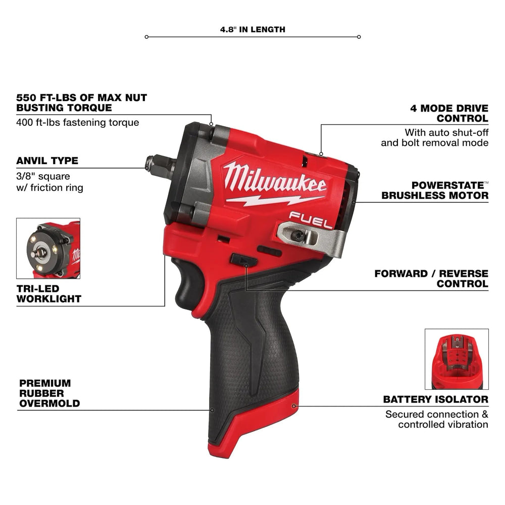 Milwaukee M12 FUEL Stubby 3/8 inch impact wrench side profile for maneuverability