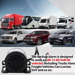 MIRKOO backup alarm 12-80V DC universal fit, works across different vehicle voltages.