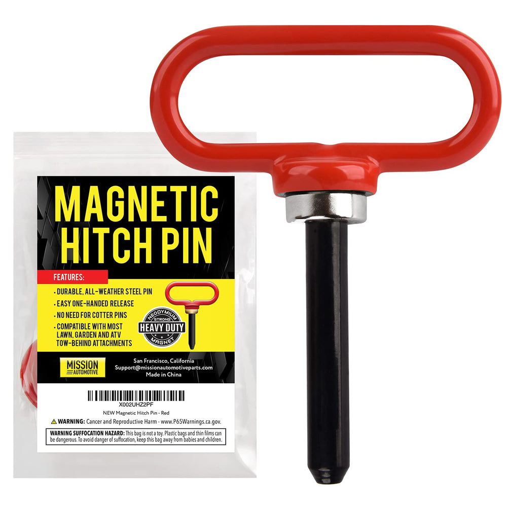 Mission Automotive magnetic hitch pin red closeup highlighting quick secure attachment.