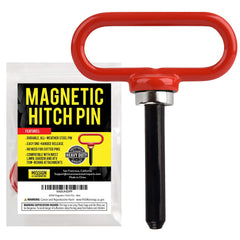 Mission Automotive magnetic hitch pin red closeup highlighting quick secure attachment.