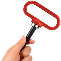 Mission Automotive magnetic hitch pin on a utility trailer compatible with various attachments.