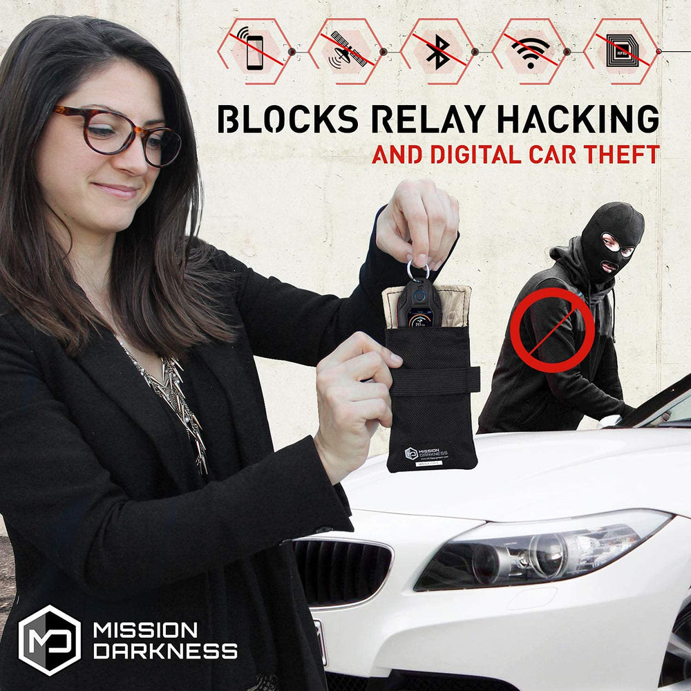 Mission Darkness Faraday Bag keyfob open shows quick access while shielding other devices
