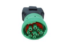 MITOB green 9pin J1939 to OBD2 adapter detail close-up.