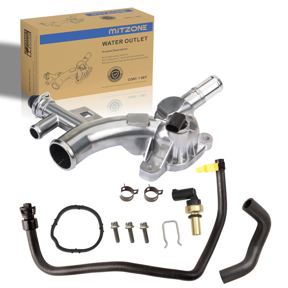 MITZONE aluminum coolant housing close-up shows durable construction for 1.4L engines.