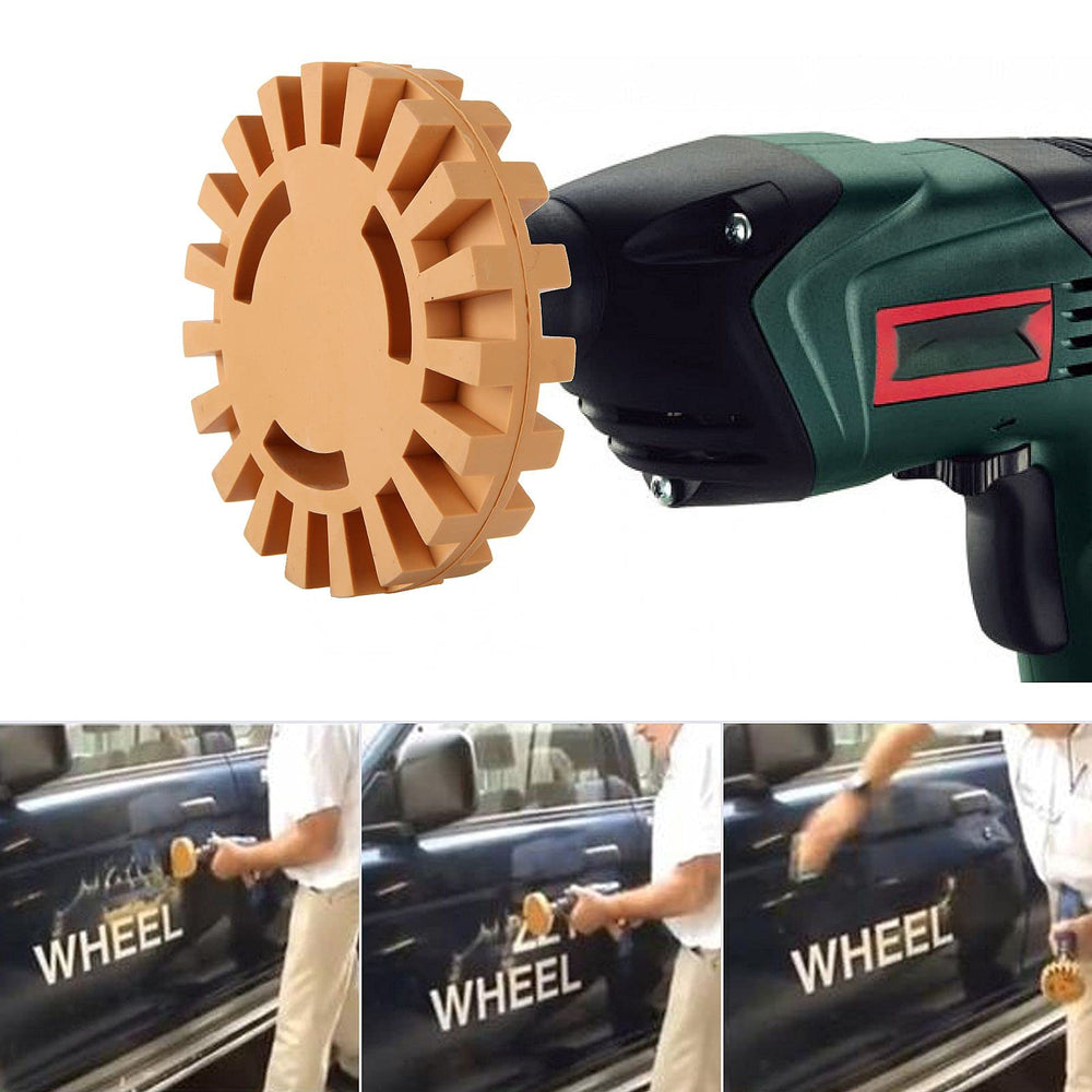 Soft rubber eraser wheel in action removing a car decal