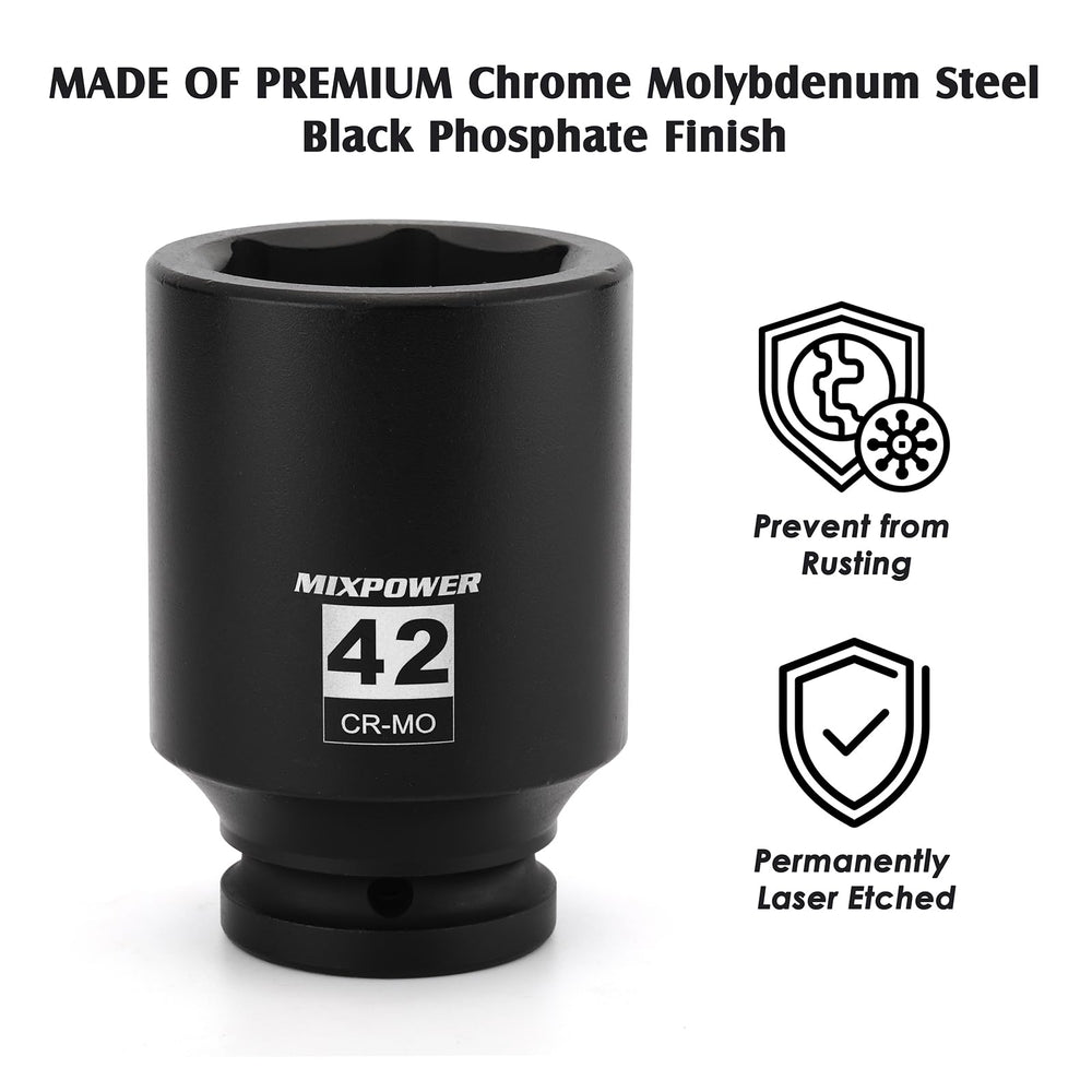 Mixpower radius-corner design socket 42mm minimizes wear during torque.