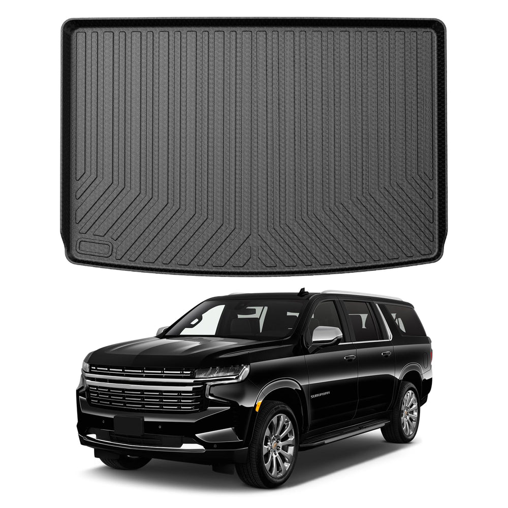 Mixsuper cargo liner for Suburban rear view with raised lip protects carpet.