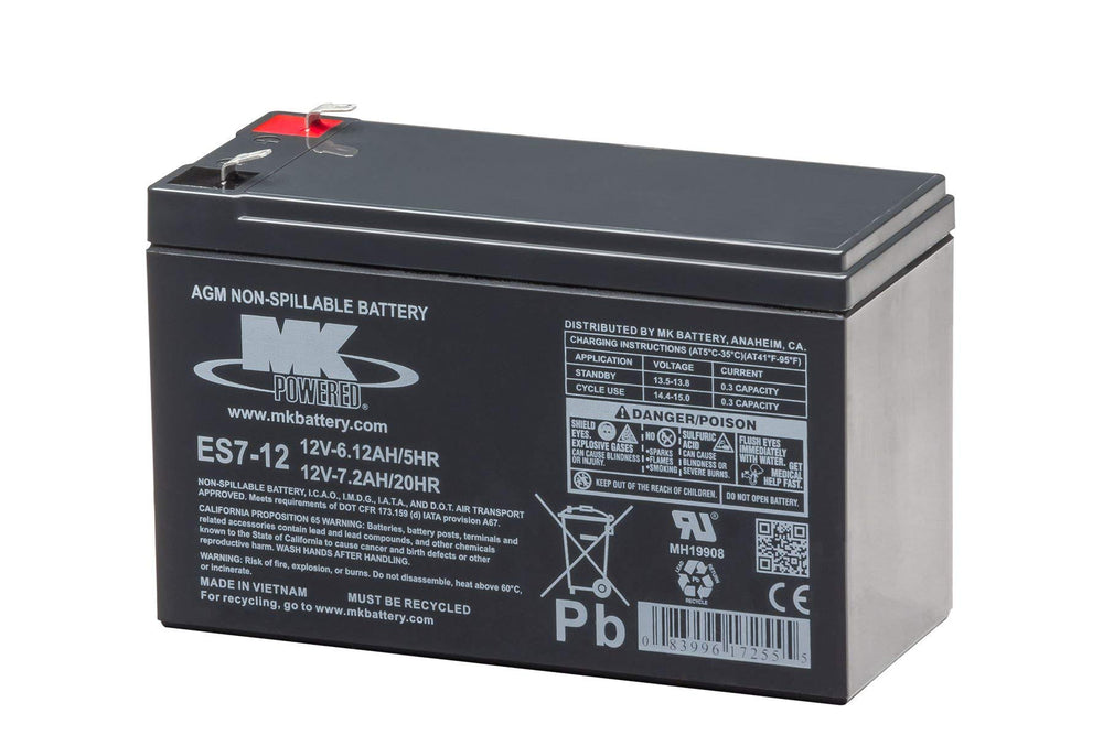 MK Battery ES7-12 front view shows compact 12V maintenance-free design for reliable daily use.