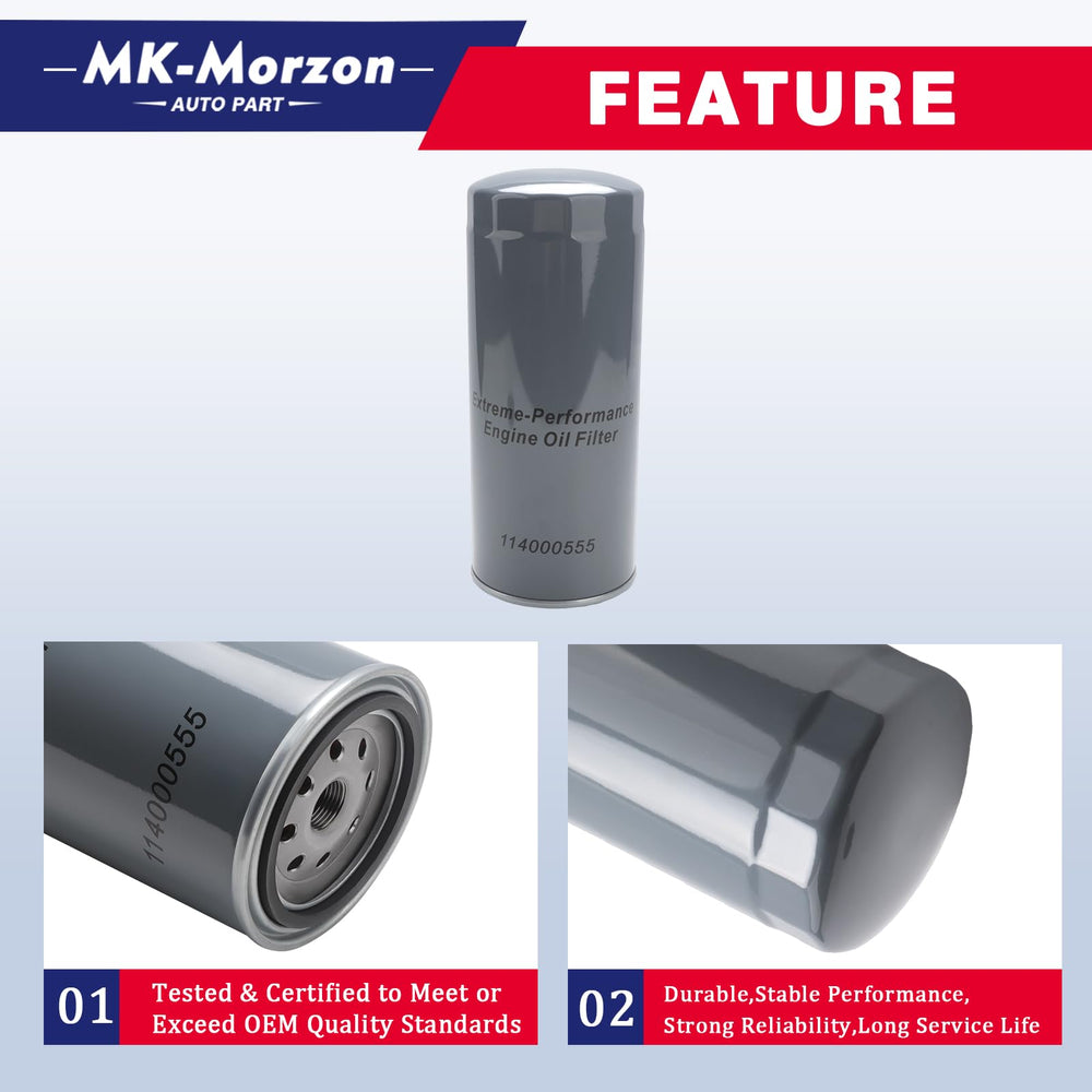 MK-Morzon Duramax oil filter label highlights OEM-grade quality and compatibility notes