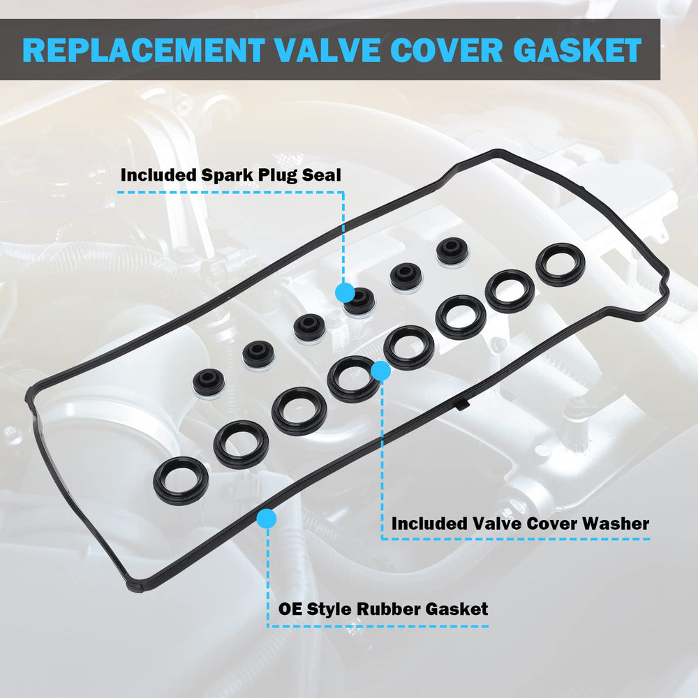 MNJWS valve cover gasket set displayed on engine bay mockup.