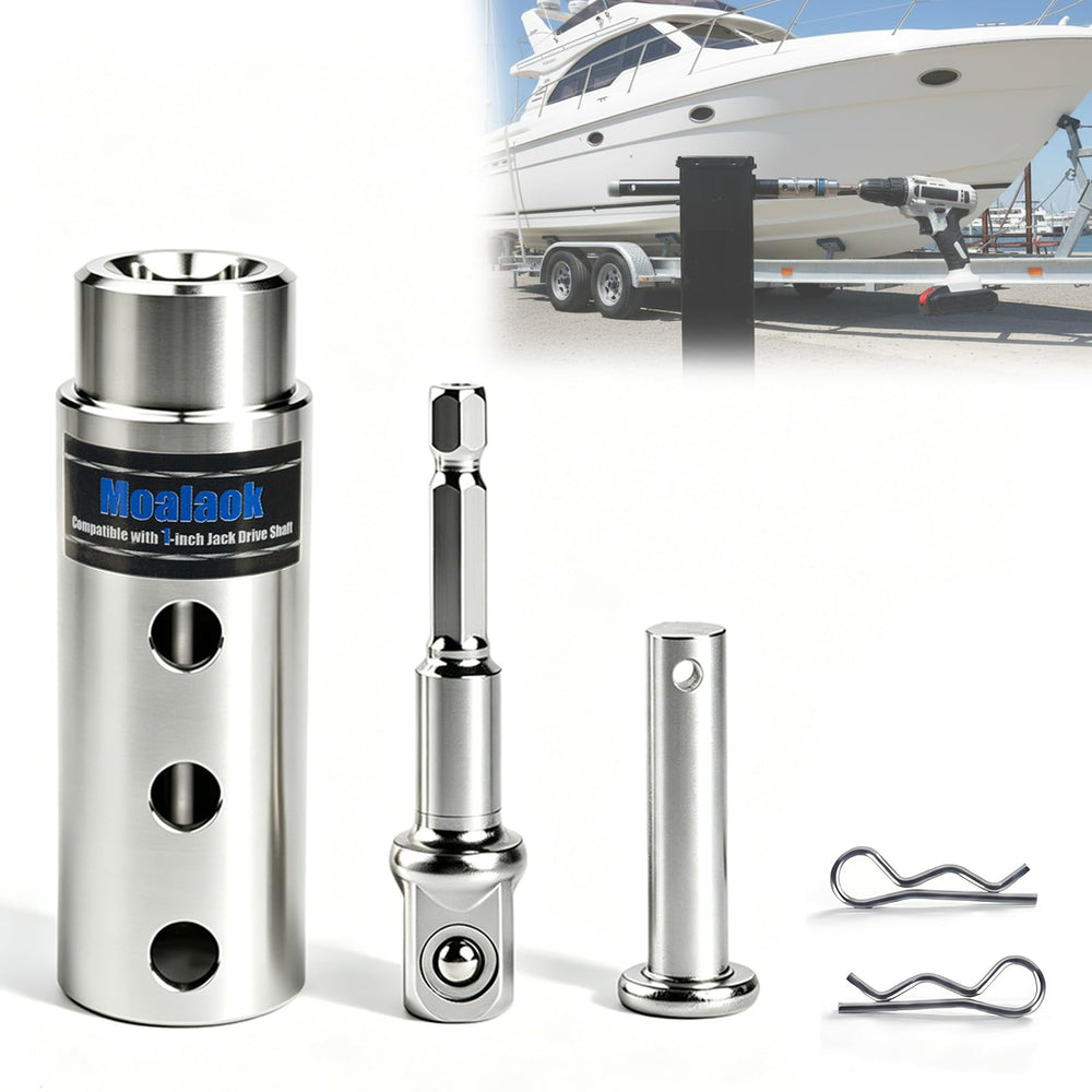 Moalaok trailer jack drill adapter shown for 1-inch drive shaft compatibility and easy operation.