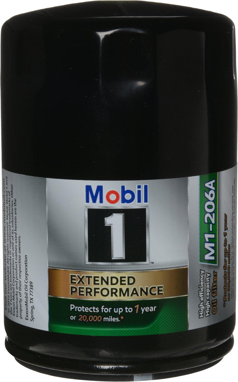 Mobil 1 M1-206A Extended Performance Oil Filter front view, showcasing filtration media and branding
