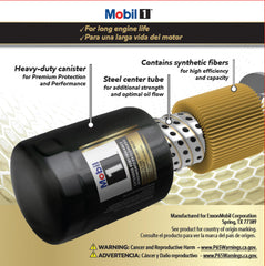 Mobil 1 M1-210A label detail highlighting high-efficiency media and contaminant removal.