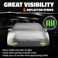 Mockins 200x75x60 car cover fits large sedans securely.