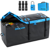 Mockins 25 cu ft hitch cargo bag mounted on a vehicle, maximizing hitch storage for trips.