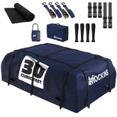 Mockins navy rooftop bag mounted on car roof for extra cargo space.