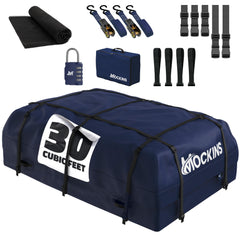Mockins navy rooftop bag mounted on car roof for extra cargo space.