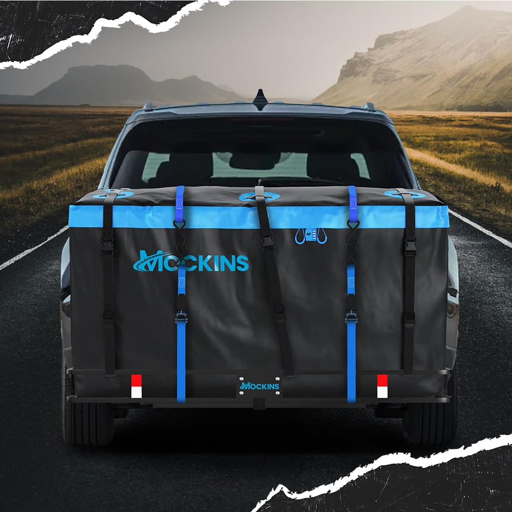 Mockins waterproof cargo bag on a road trip protects tents and gear from rain.