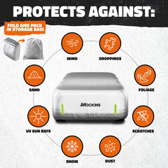 Mockins snow dust UV protection cover shields outdoor vehicle from elements.