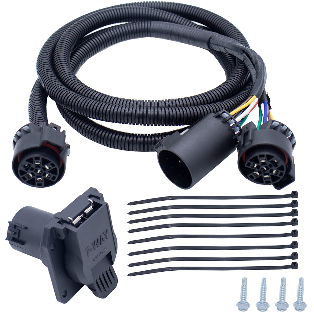 MOCW 7-Pin trailer harness extension in truck bed enables easy fifth-wheel wiring setup.