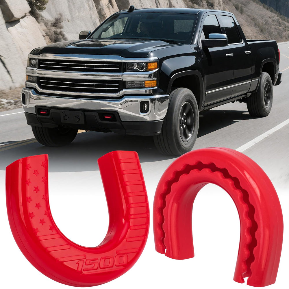 MODELAUTO tow hook cover on Silverado front view protects against rust and debris.