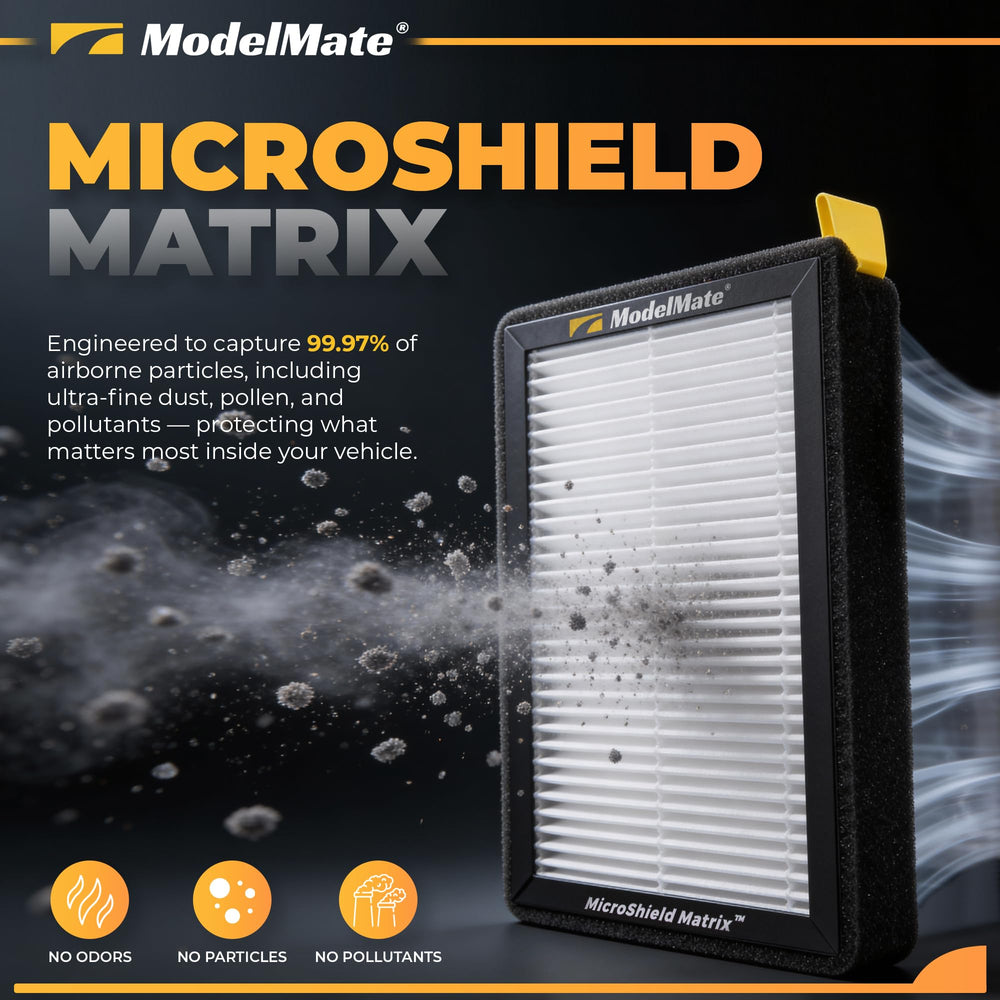 ModelMate Tesla air filter closeup reveals activated carbon layer for odor control.