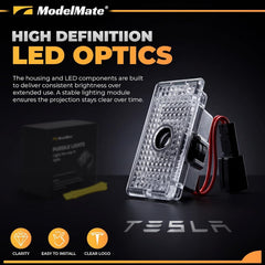 ModelMate Tesla logo puddle light on rear left door emits crisp LED glow for safer night entry